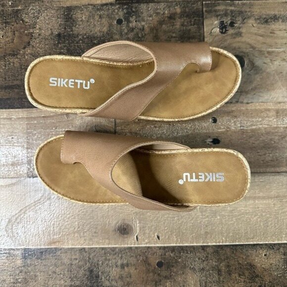 Siketu Womens Tan Faux Leather Cork Wedge Sandals Size 38 With Slip-On Design - Picture 2 of 7